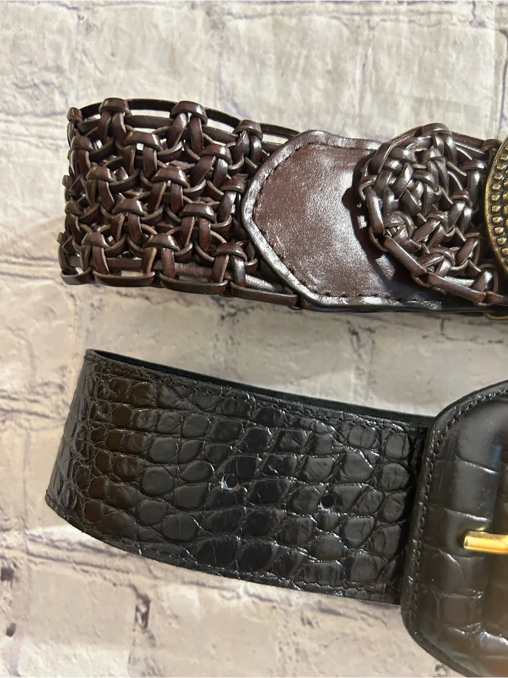 PATRICIA GREEN BLACK WIDE CROC COVER BUCKLE & BROWN EMBELLISHED BUCKLE BOHO BELT